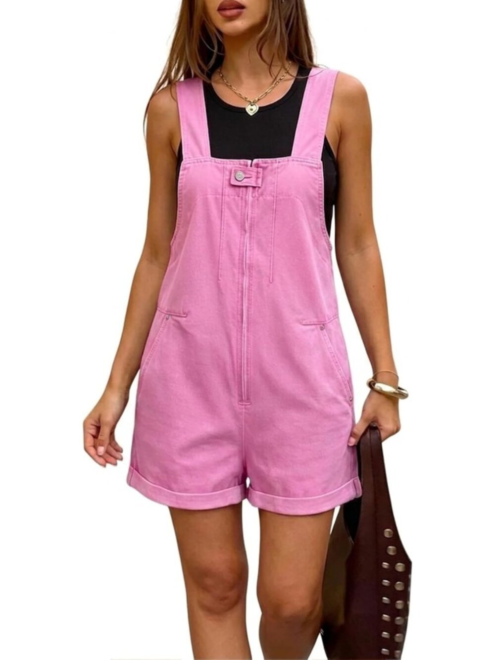 Women's Pink Summer 2026 Front Zip Cuffed Hem Shorts Coveralls Denim Jumper